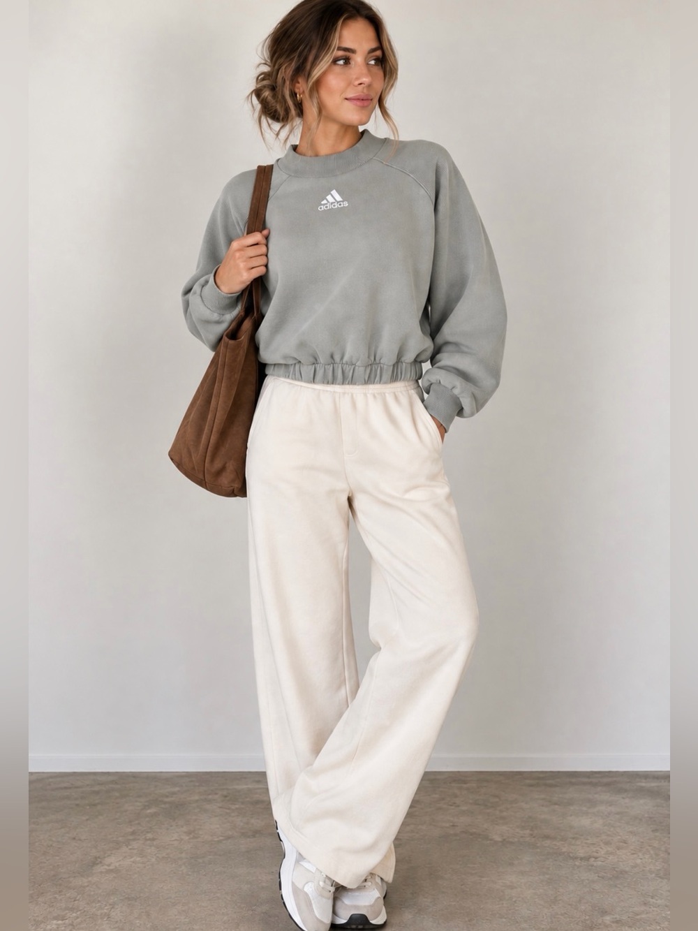 Adidas Women's Sage Green Crew Neck Crop Sweater | Size Medium